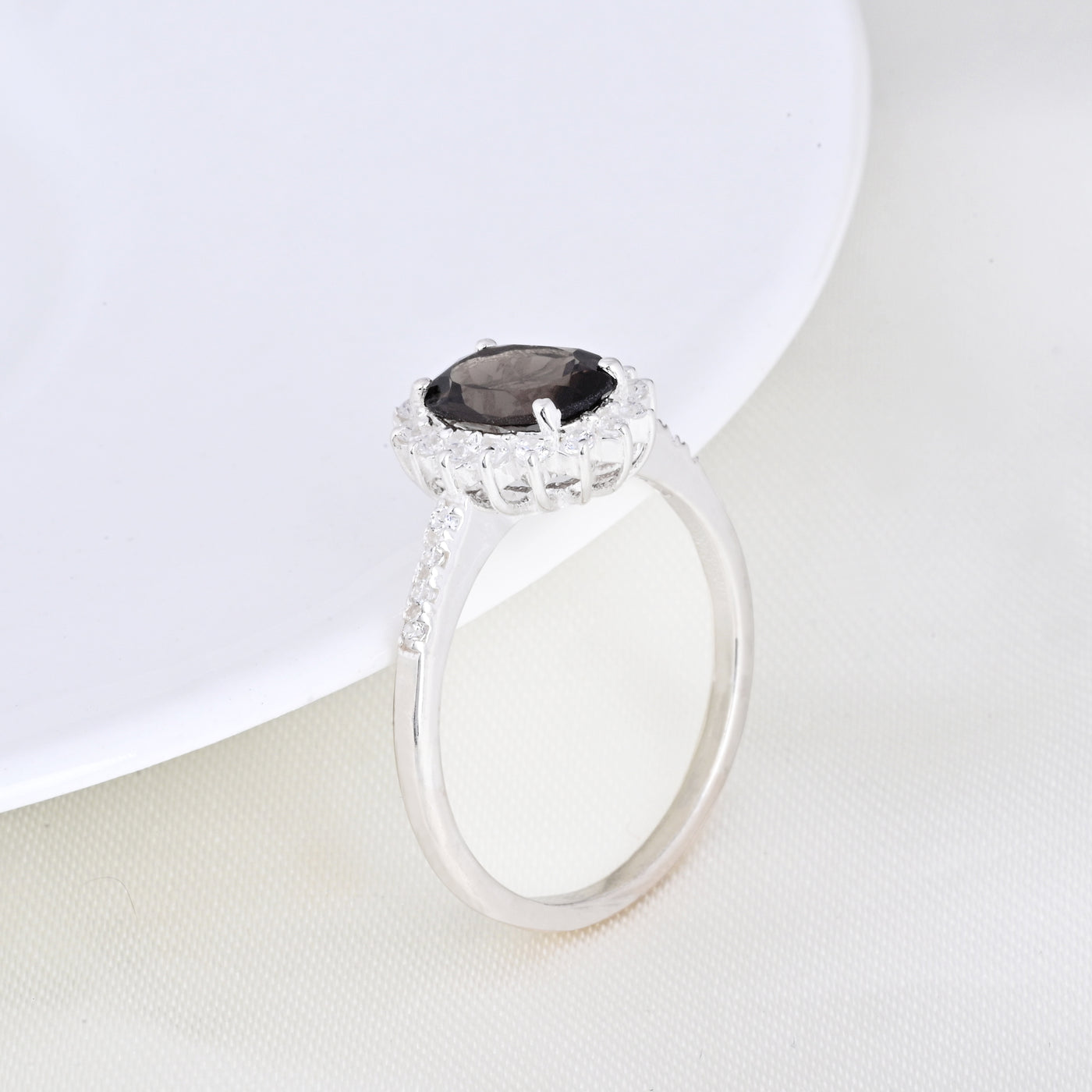 Smoky Quartz & Diamond Silver Ring Oval Cut Statement Ring