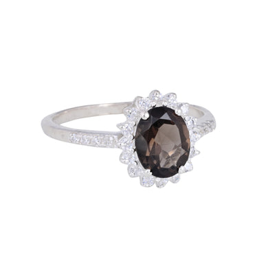 Smoky Quartz & Diamond Silver Ring Oval Cut Statement Ring