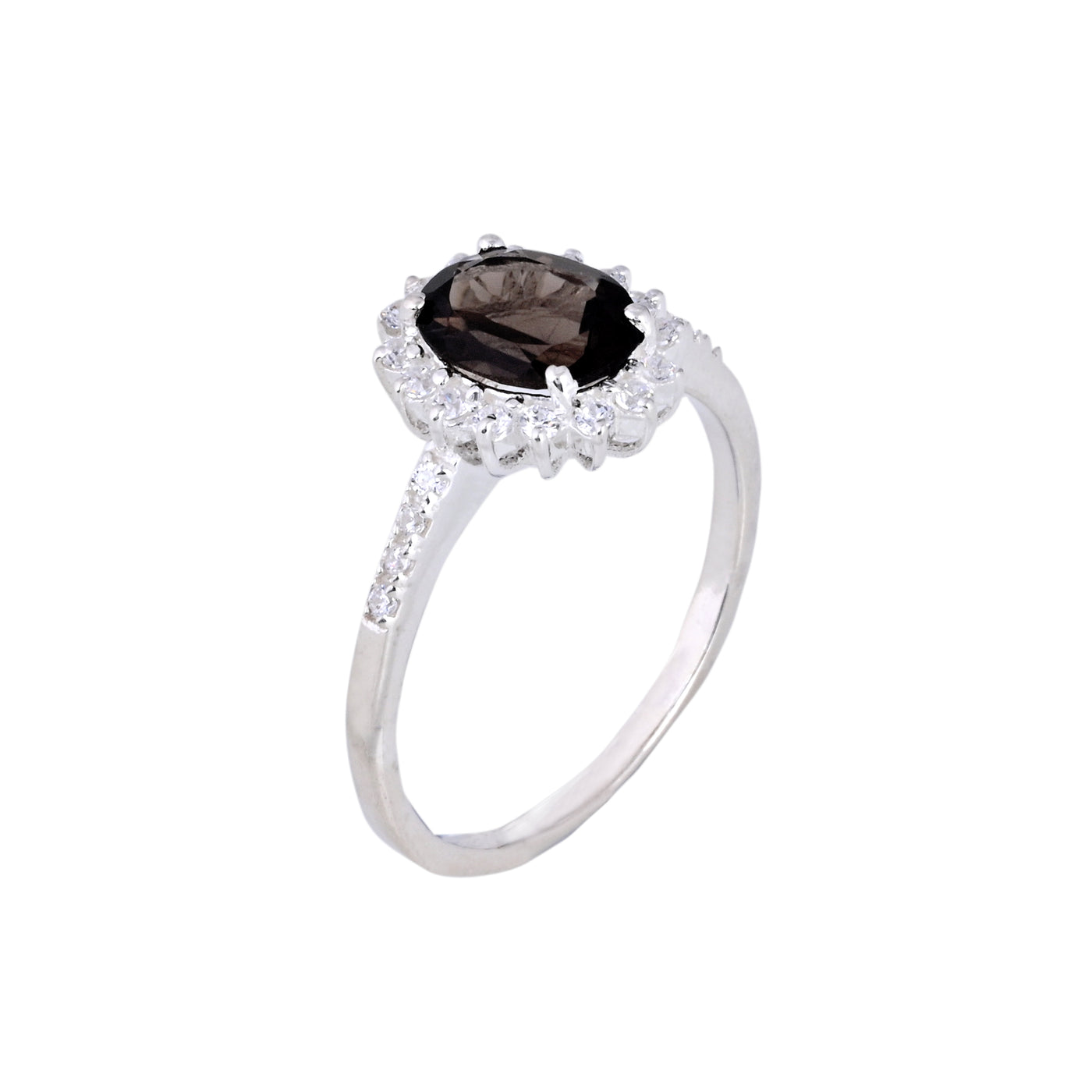 Smoky Quartz & Diamond Silver Ring Oval Cut Statement Ring