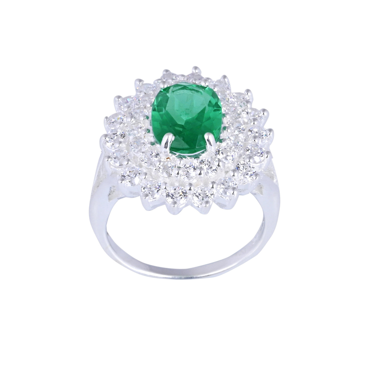 Emerald and Diamonds Statement Ring - 14k White Gold Plated