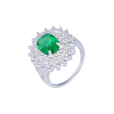 Emerald and Diamonds Statement Ring - 14k White Gold Plated