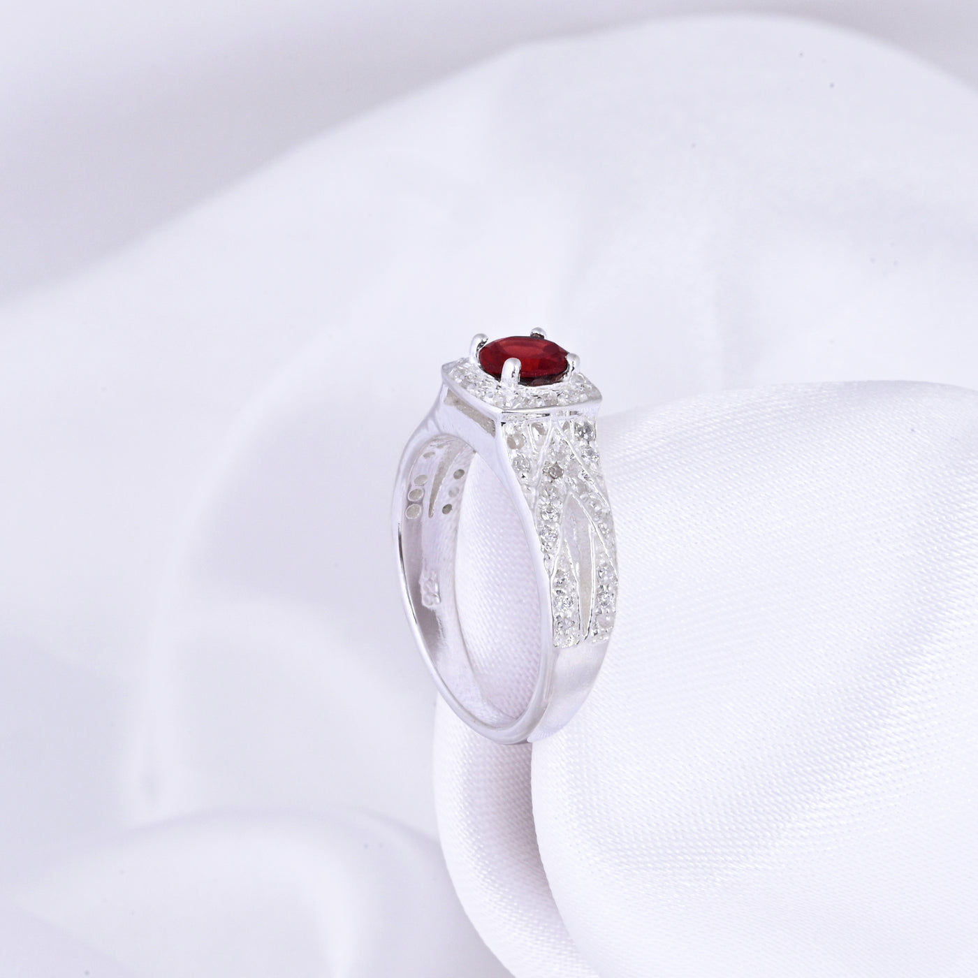 SILVER GARNET BIRTHSTONE AND DIAMOND ENGAGEMENT RING