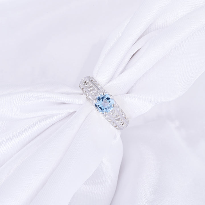 Round - Cut Halo Blue Topaz Birthstone Ring