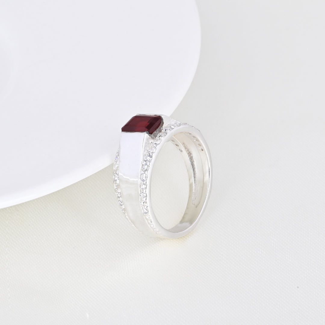 Natural Red Garnet Signet Ring - Sterling Silver