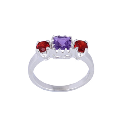 Amethyst & Red Garnet Three Stone Halo Ring