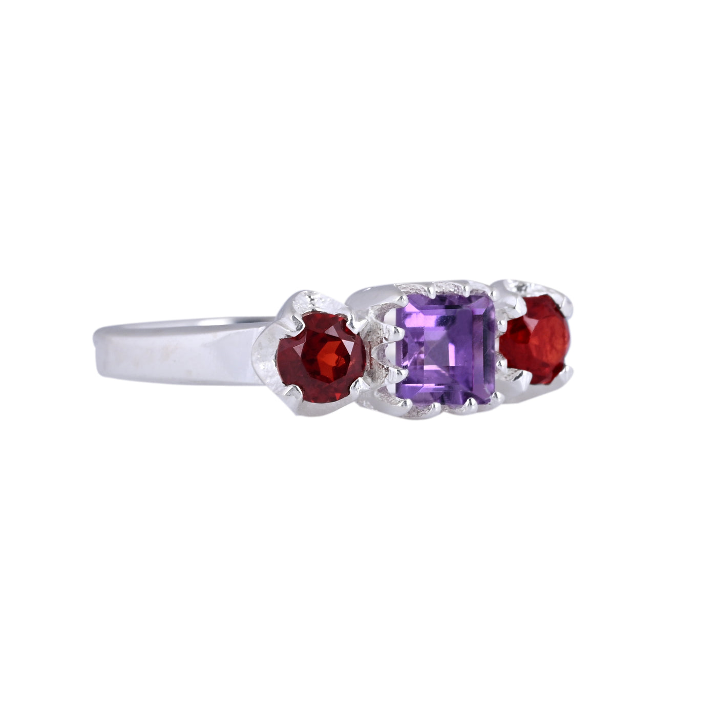 Amethyst & Red Garnet Three Stone Halo Ring
