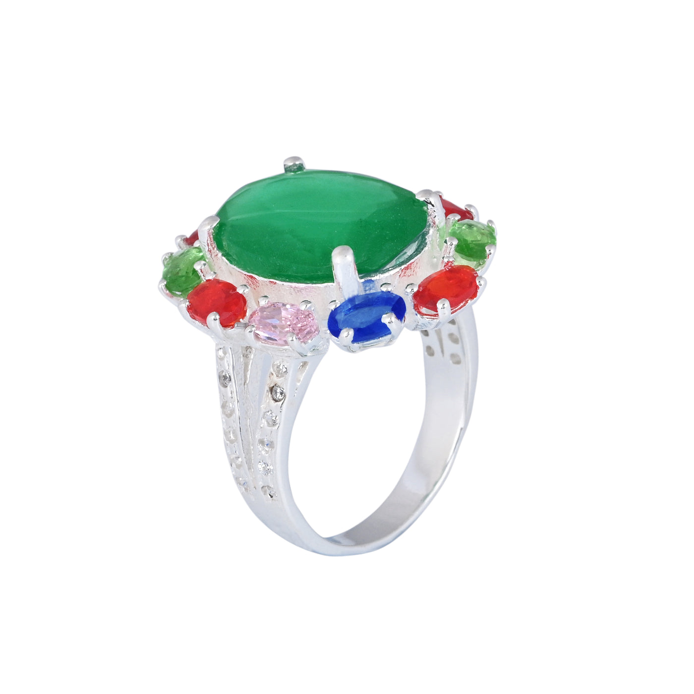 Sterling Silver Emerald with Multi Stone Halo Ring