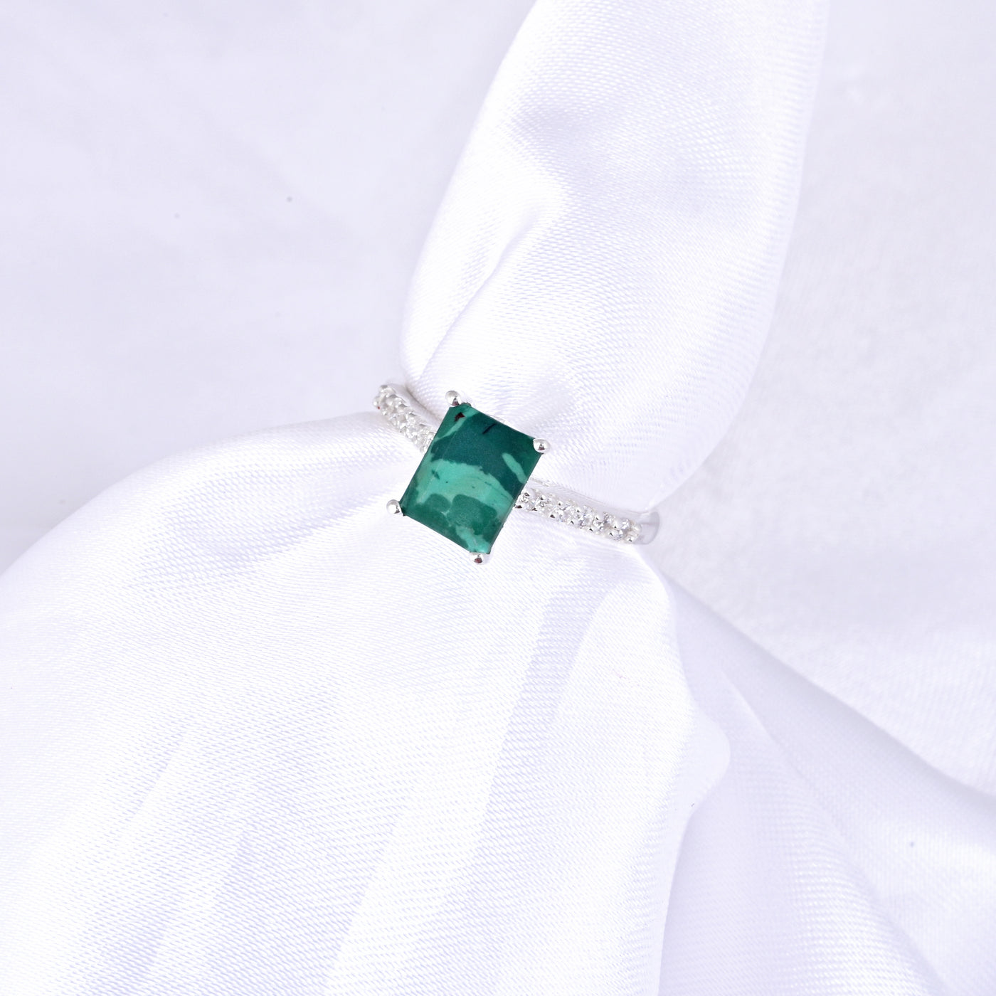 Malachite Bypass Ring 925 Silver Halo Engagement Ring