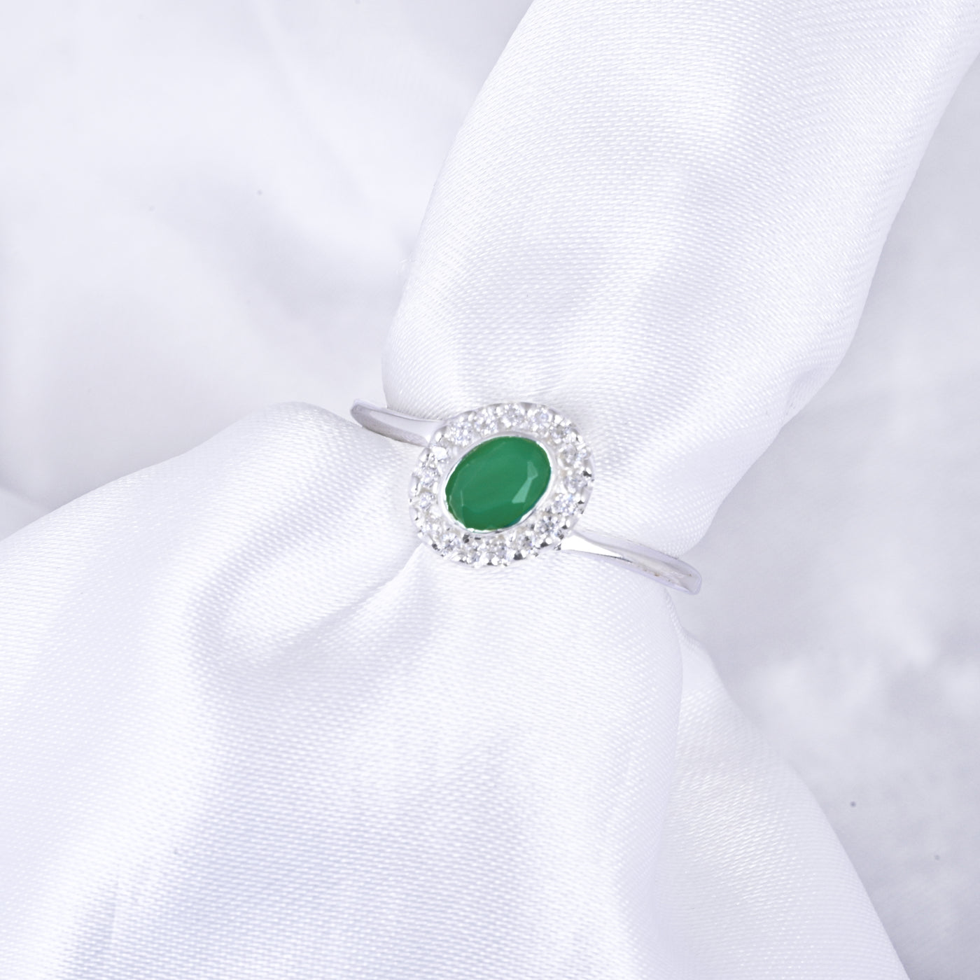 14k White Gold Plated Emerald And Diamond Stackable Bypass Ring