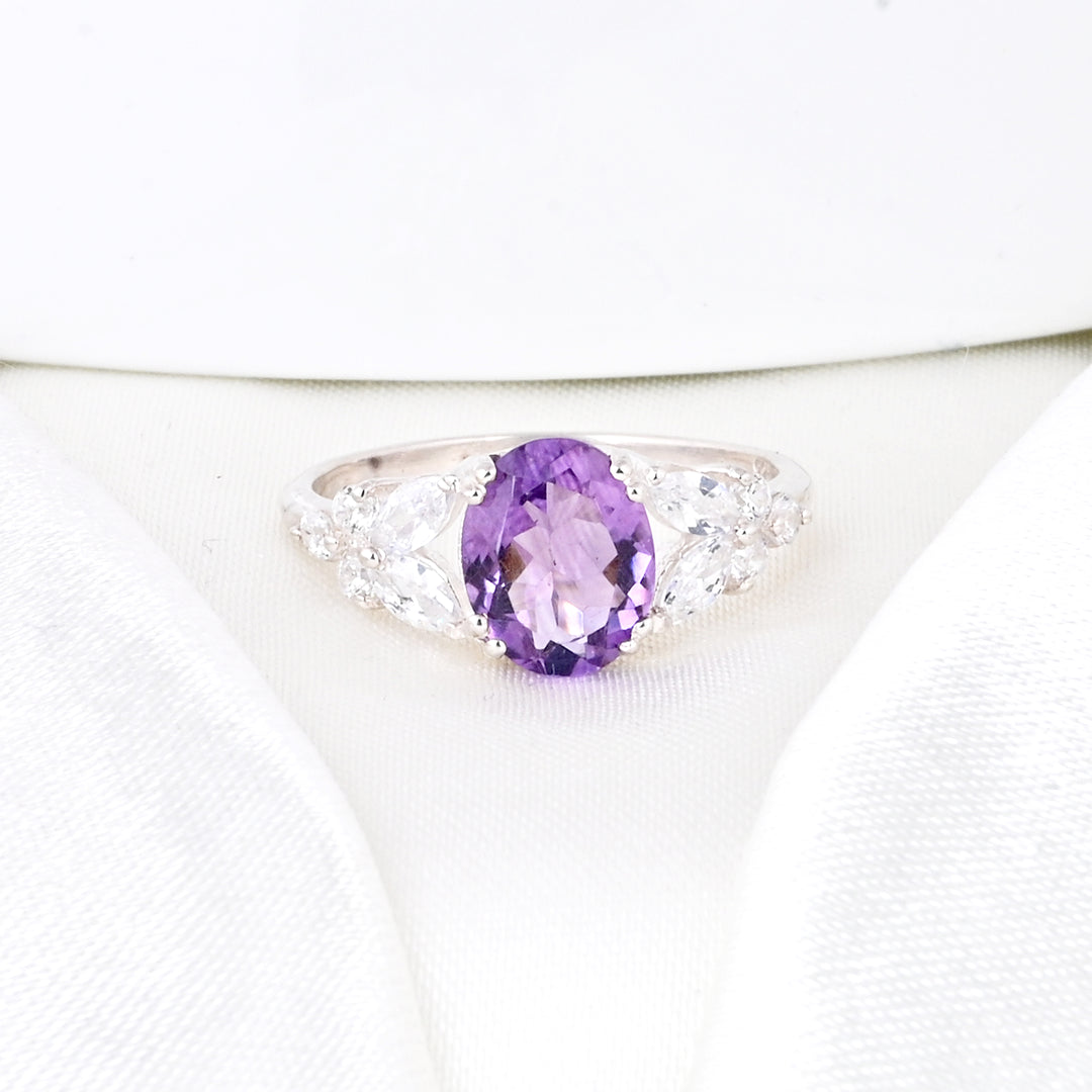 Oval Shape Amethyst and CZ Halo Engagement Ring