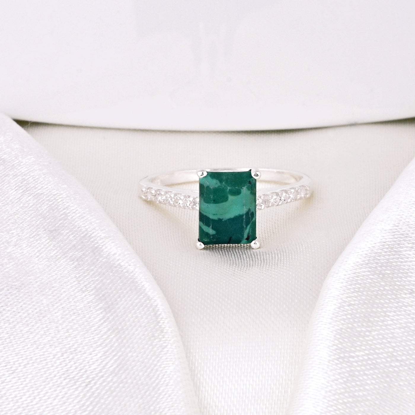 Malachite Bypass Ring 925 Silver Halo Engagement Ring