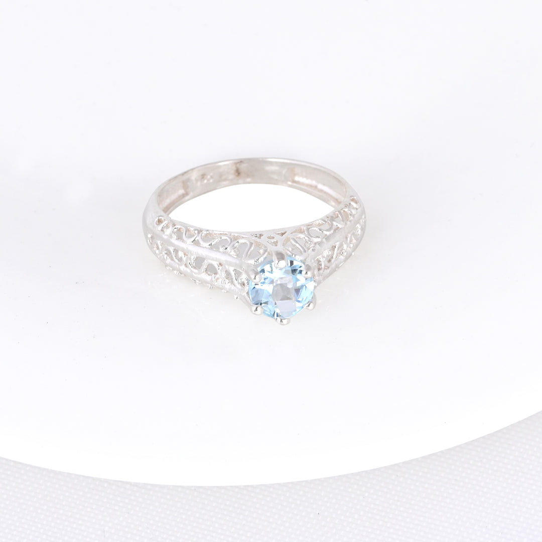 Round - Cut Halo Blue Topaz Birthstone Ring