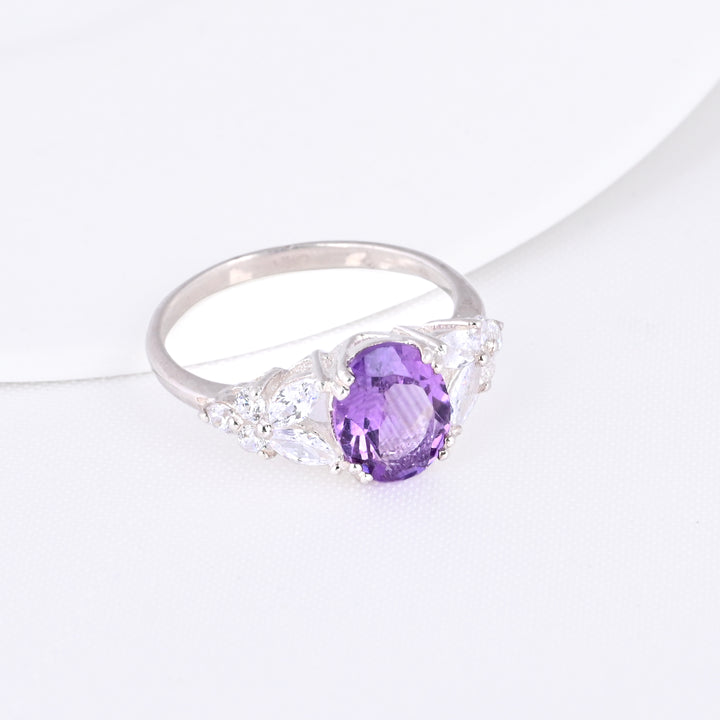 Oval Shape Amethyst and CZ Halo Engagement Ring