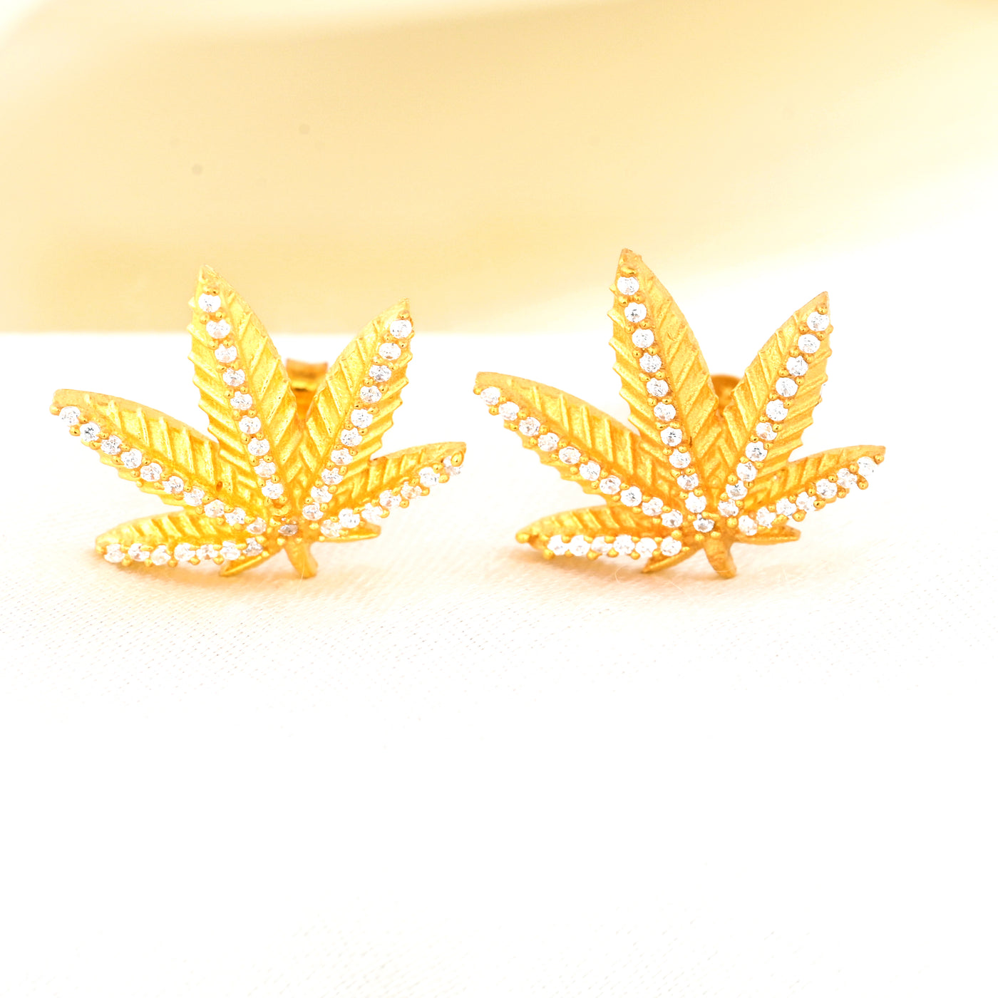 Diamond and 18K Gold Plated Marijuana Pot Leaf Stud Earrings