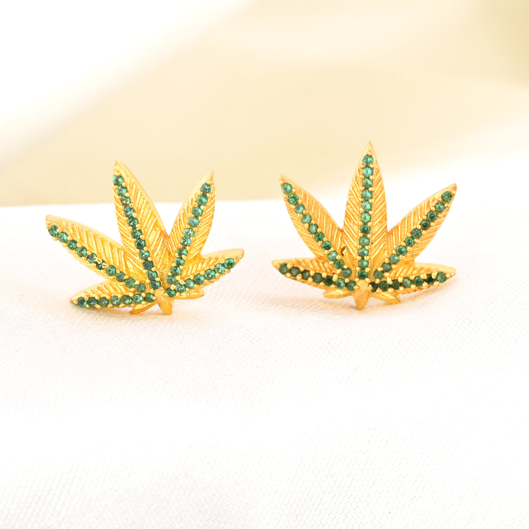 14K Gold Plated Green Emerald Marijuana Pot Leaf Stud Earrings