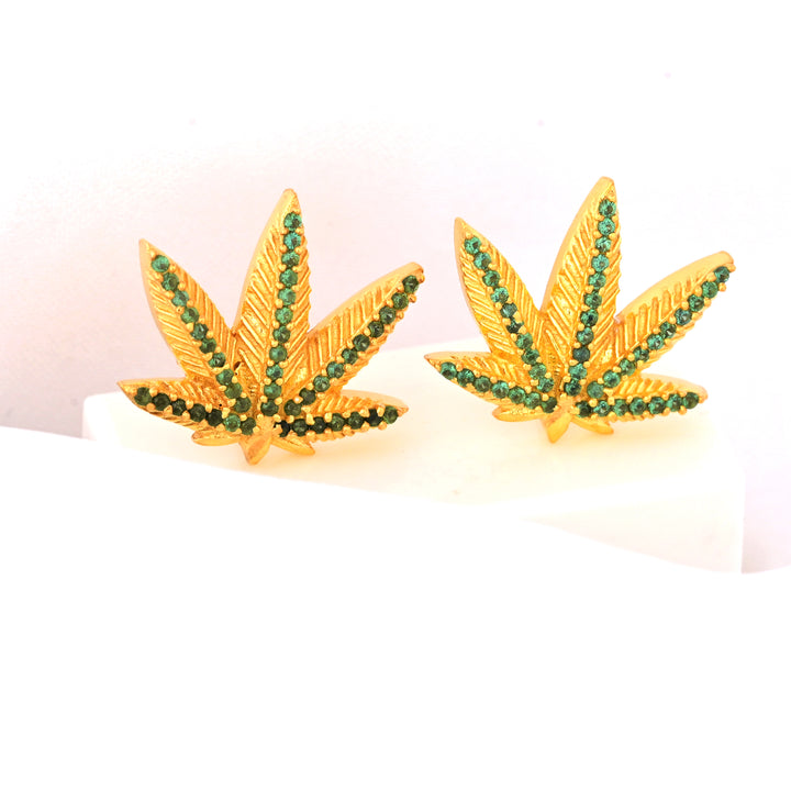 14K Gold Plated Green Emerald Marijuana Pot Leaf Stud Earrings