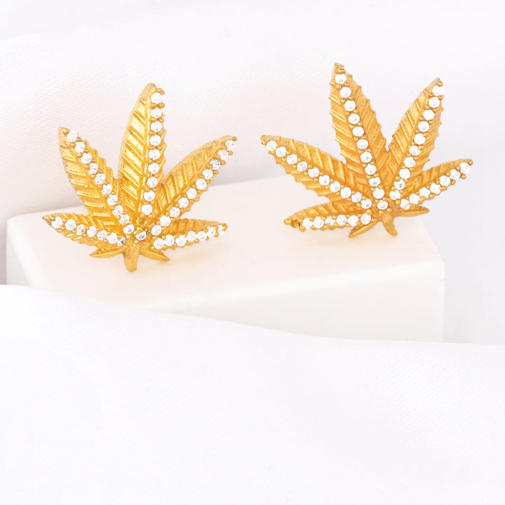 Diamond and 18K Gold Plated Marijuana Pot Leaf Stud Earrings