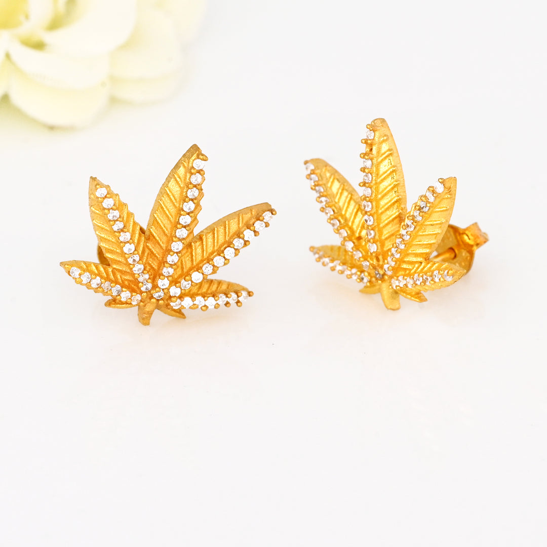 Diamond and 18K Gold Plated Marijuana Pot Leaf Stud Earrings