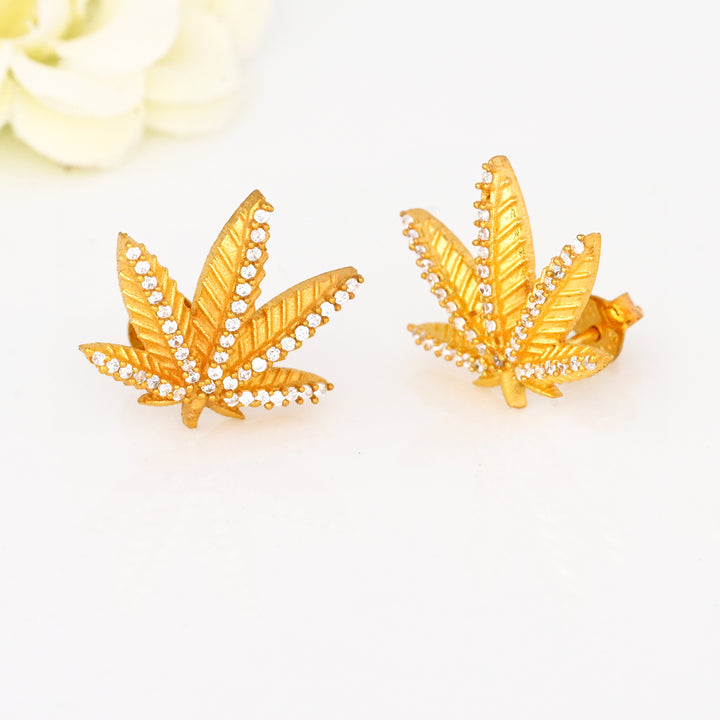 Diamond and 18K Gold Plated Marijuana Pot Leaf Stud Earrings