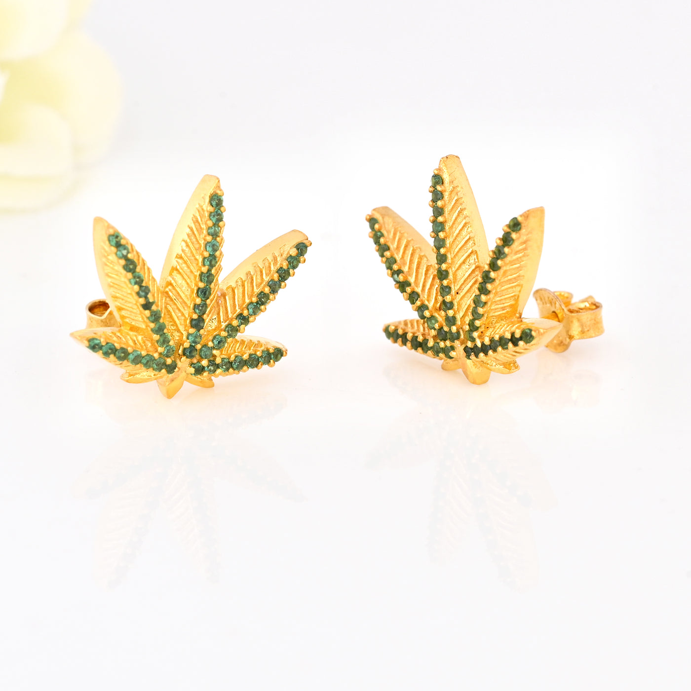 14K Gold Plated Green Emerald Marijuana Pot Leaf Stud Earrings