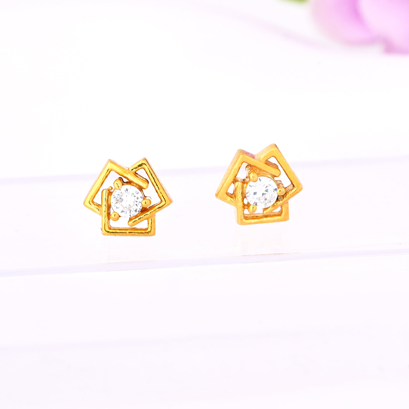 14k Gold Plated Tiny Diamond Flower Stud Earrings