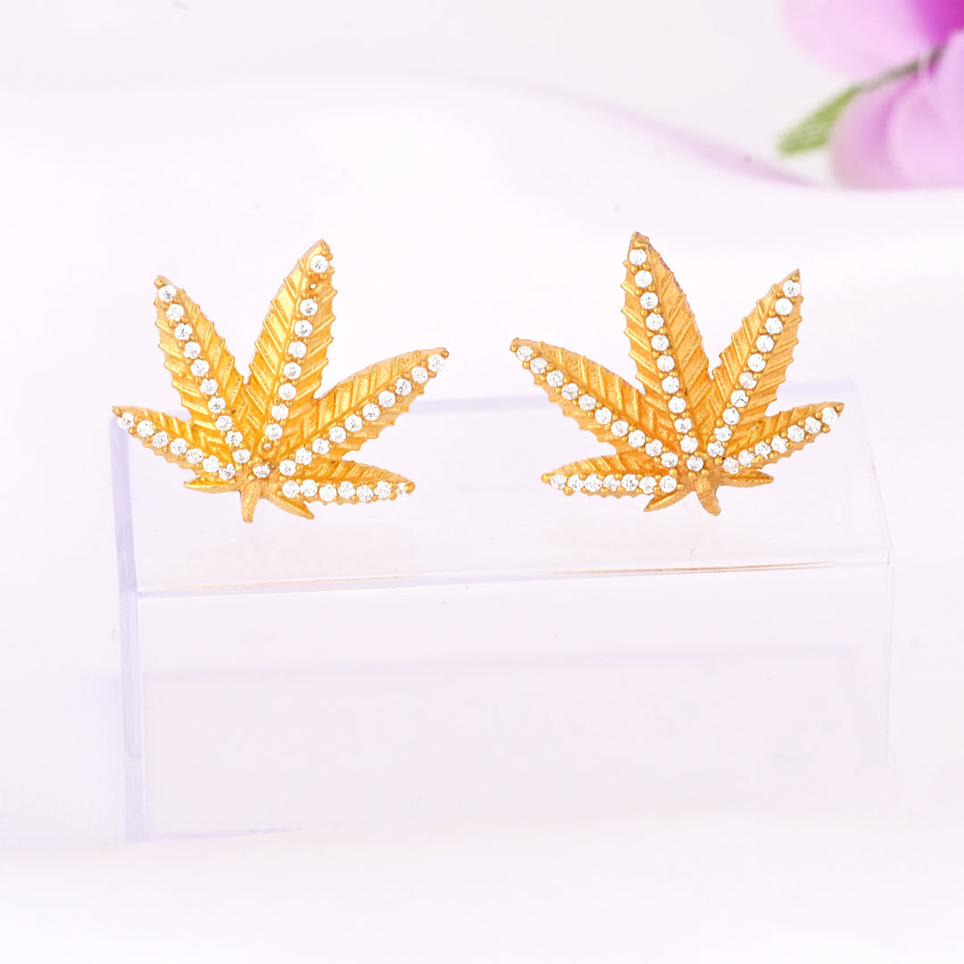 Diamond and 18K Gold Plated Marijuana Pot Leaf Stud Earrings