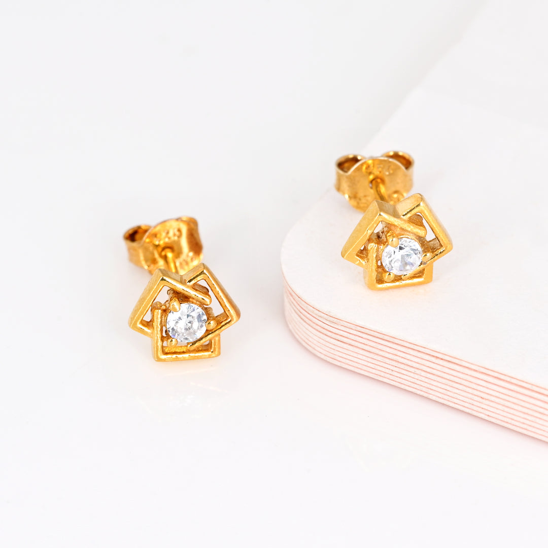 14k Gold Plated Tiny Diamond Flower Stud Earrings