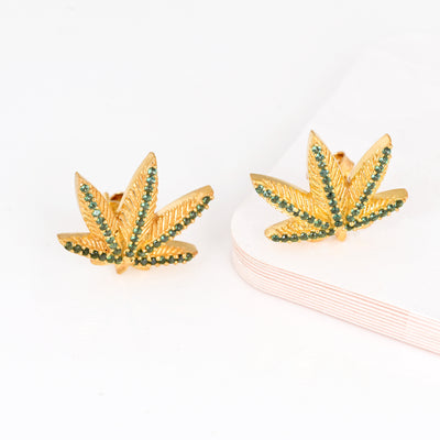 14K Gold Plated Green Emerald Marijuana Pot Leaf Stud Earrings
