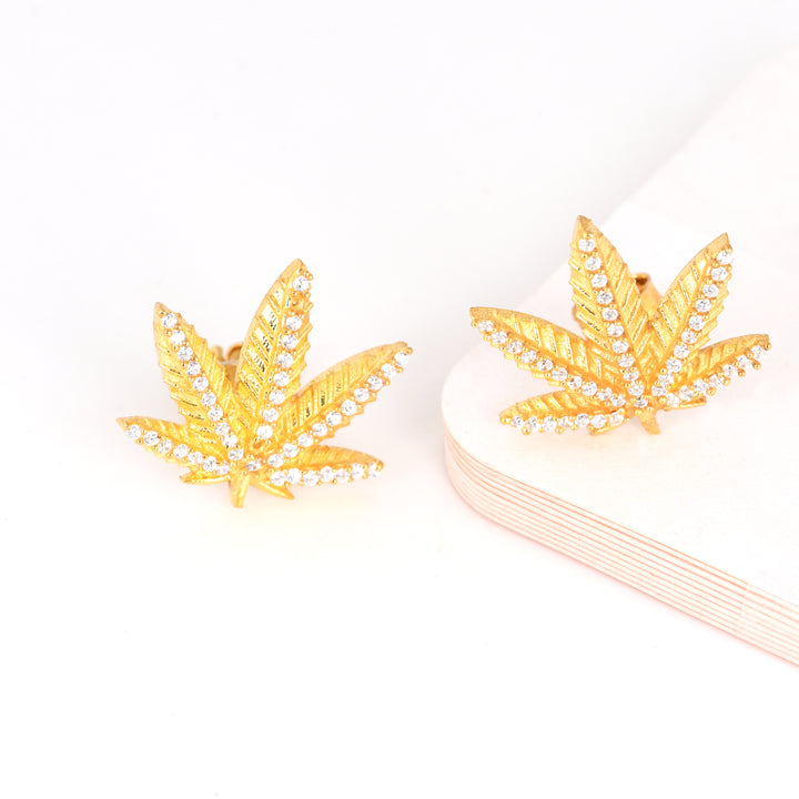 Diamond and 18K Gold Plated Marijuana Pot Leaf Stud Earrings