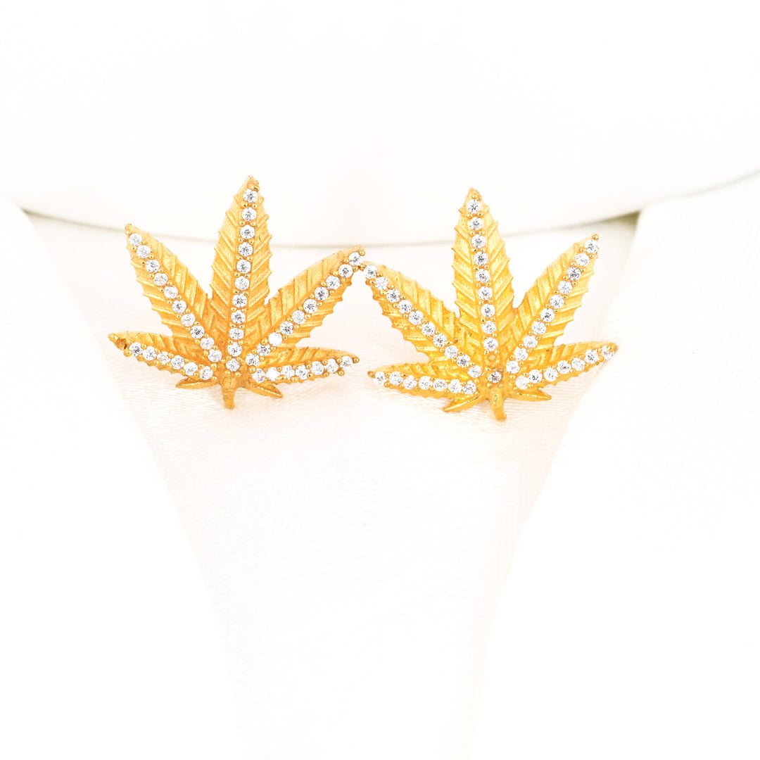 Diamond and 18K Gold Plated Marijuana Pot Leaf Stud Earrings