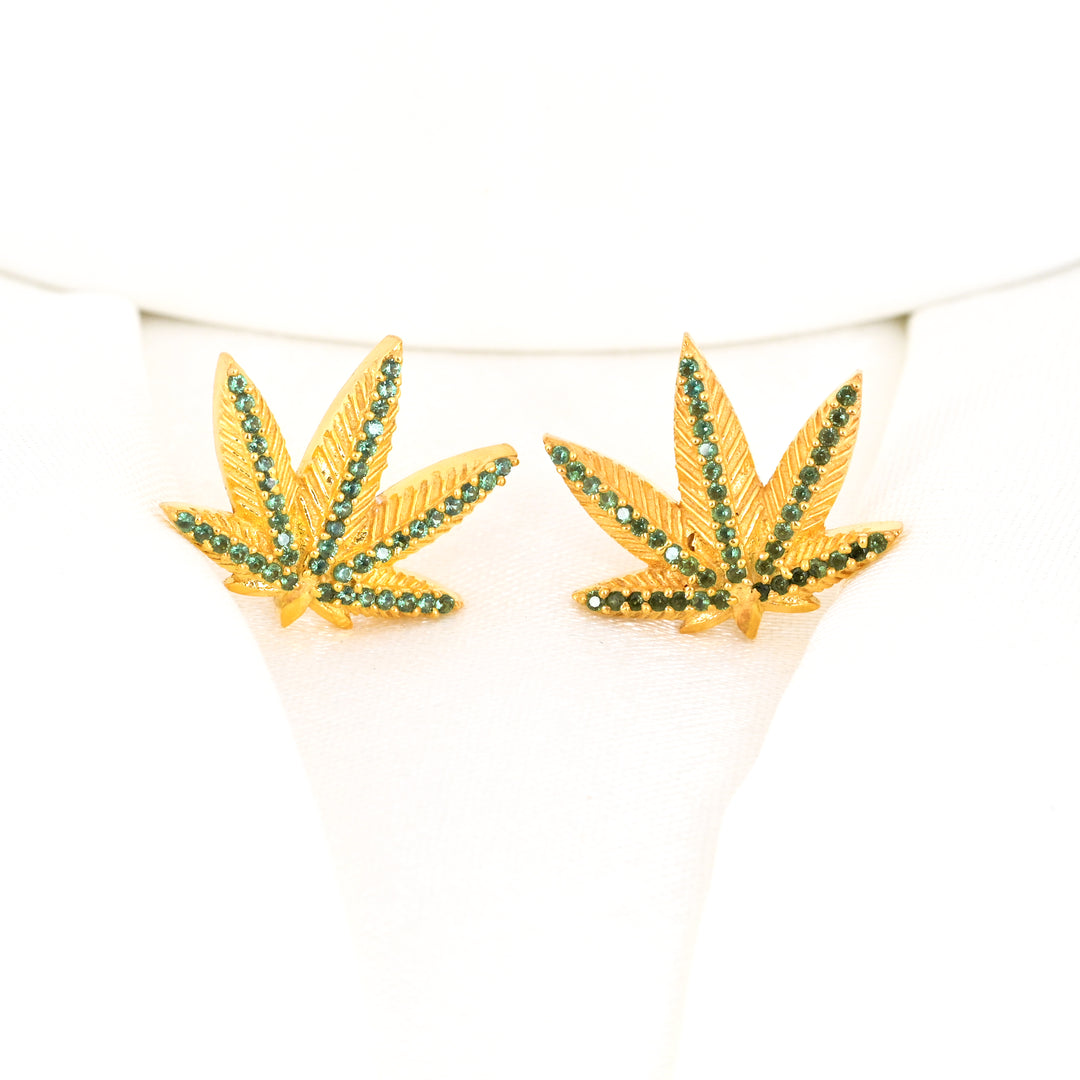 14K Gold Plated Green Emerald Marijuana Pot Leaf Stud Earrings