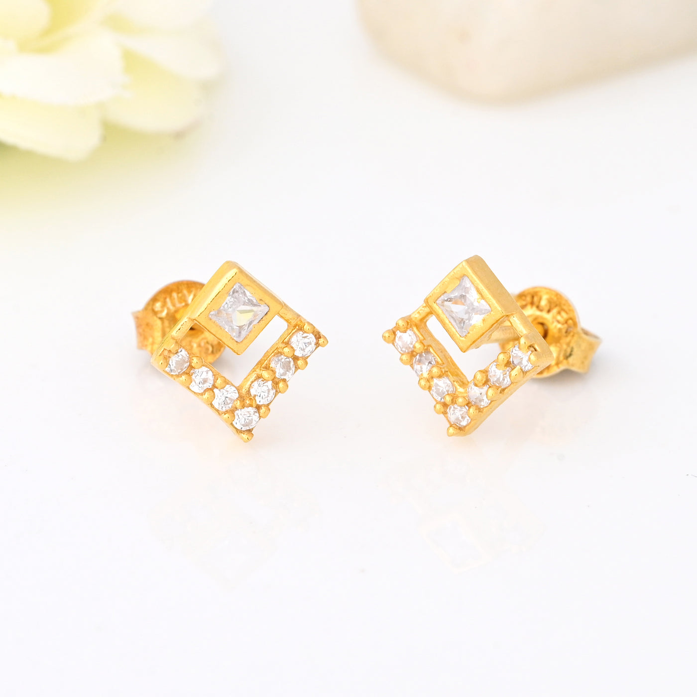 14K Gold Plated Diamond Square Earrings