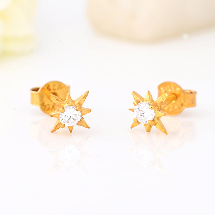 14K Gold Plated CZ Starburst Stud Earrings