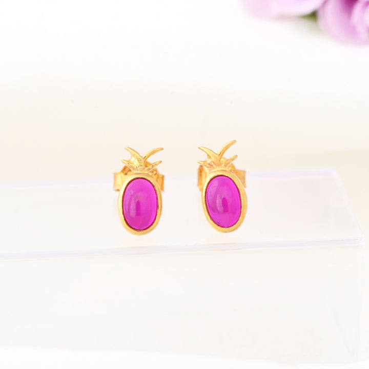 14kt Gold Plated Ruby Gems Pineapple Earrings