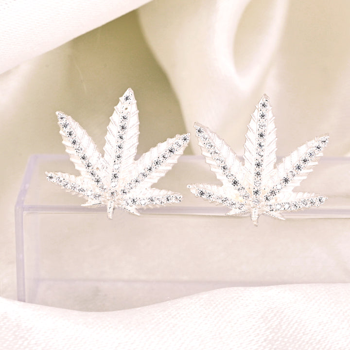 Diamond and 18K Gold Plated Marijuana Pot Leaf Stud Earrings