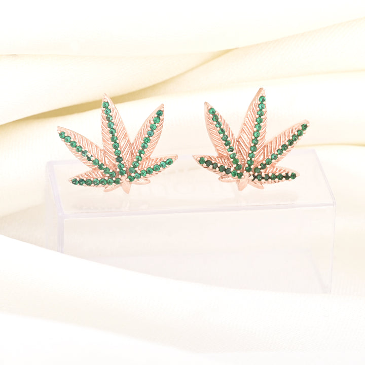 14K Gold Plated Green Emerald Marijuana Pot Leaf Stud Earrings