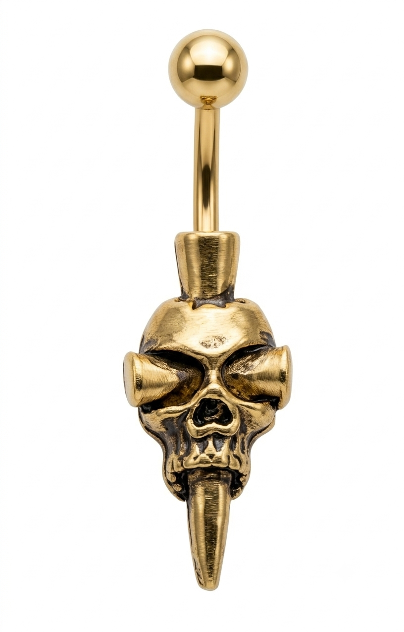 Yellow gold horned skull belly ring with curved accents
