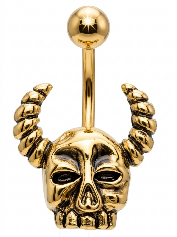 Yellow gold devil skull belly ring with curved ribbed horns