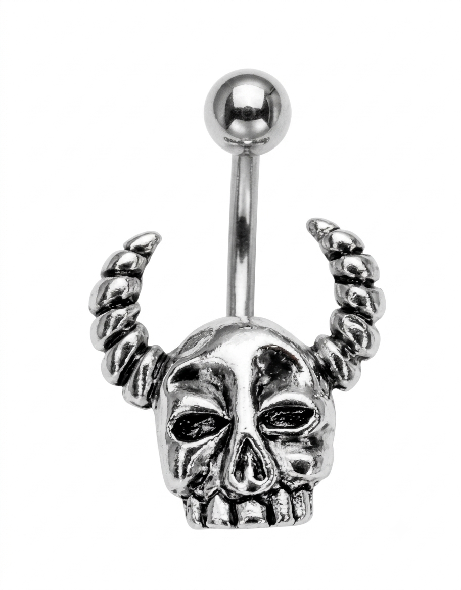 Horned skull navel ring front view showing detailed skull design