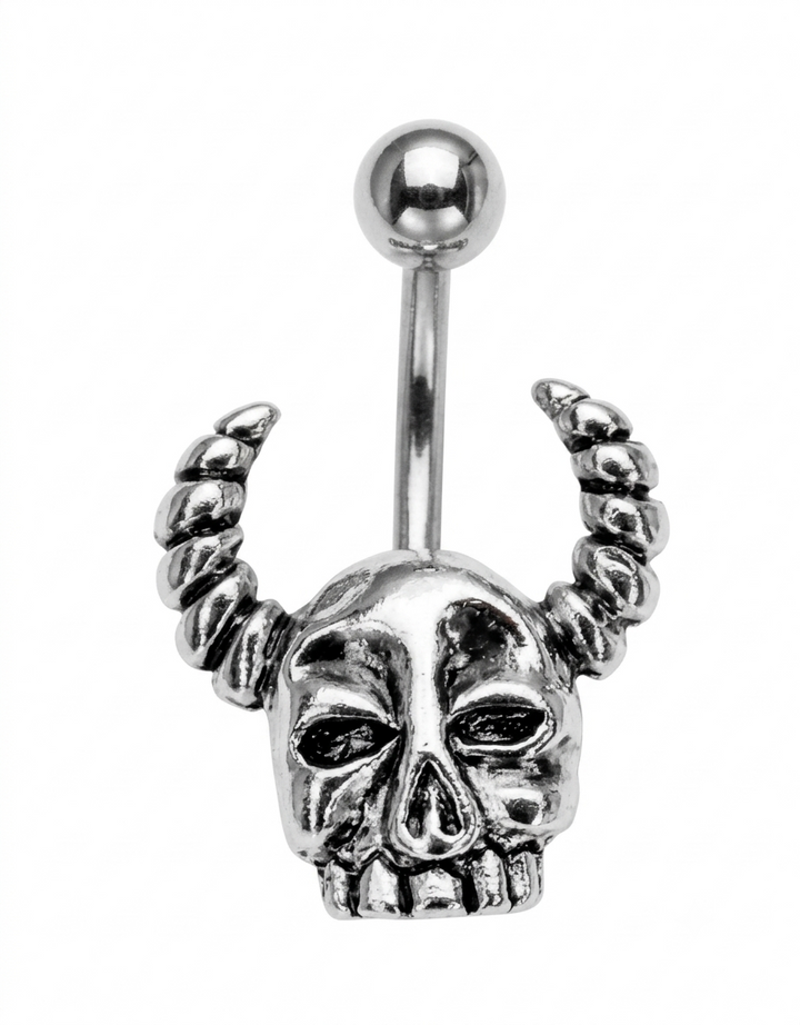 Horned skull navel ring front view showing detailed skull design