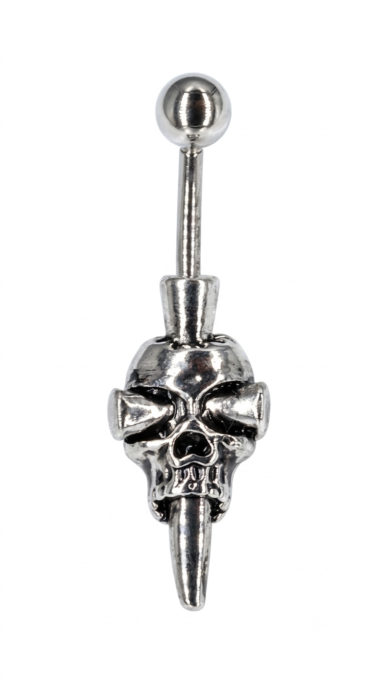 Silver horned skull belly ring with curved accents