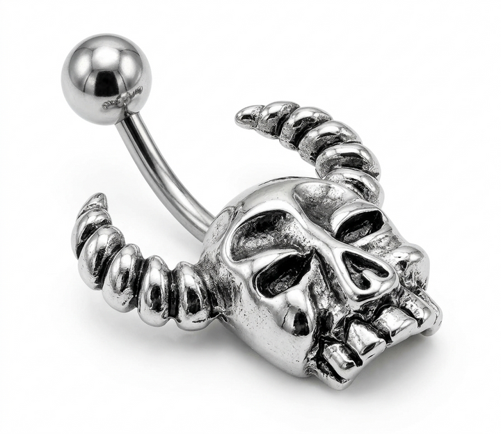 Close-up of devil skull belly ring showing ribbed horn details and polished finish