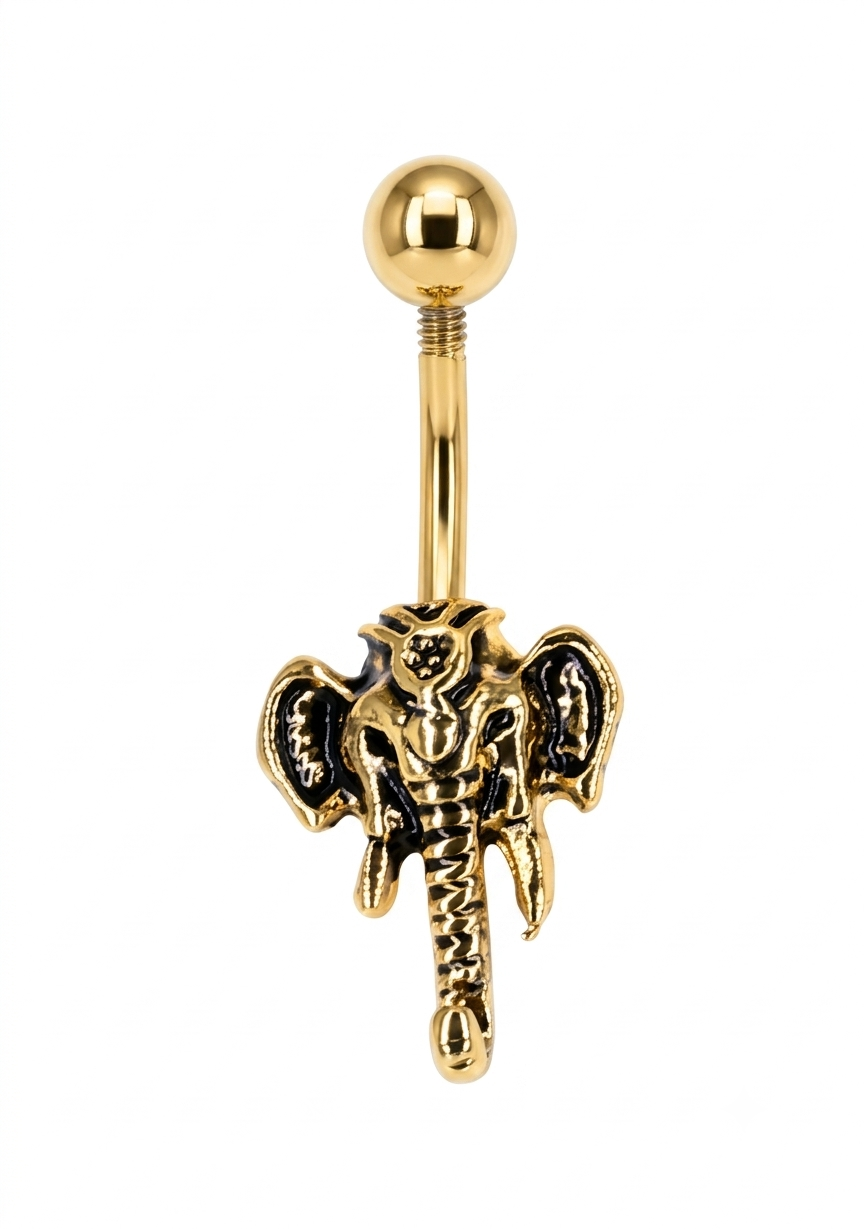 Gold and silver Ganesha belly ring variations with black oxidized accents