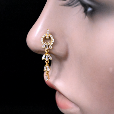 Baguette Stone Gold Dangle Nose Ring