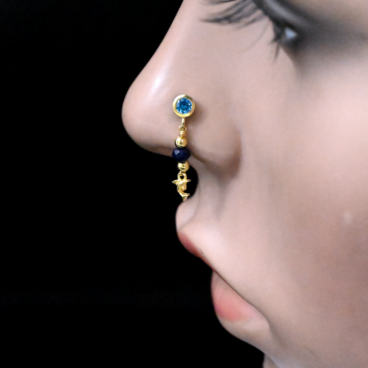 Blue Topaz Round Stone Dangling Fish Nose Stud