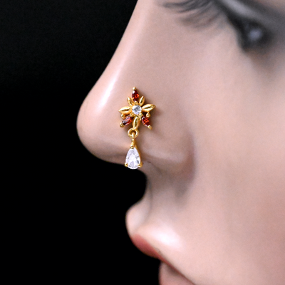 Red Stone Flower Gold Nose Stud